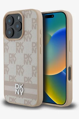 DKNY PU Leather Checkered Pattern and Stripe Zadní Kryt pro iPhone 16 Pro Pink Obal na telefon