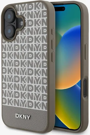 DKNY PU Leather Repeat Pattern Bottom Stripe MagSafe Zadní Kryt pro iPhone 16 Brown Obal na telefon