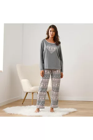 BLANCHEPORTE Fleecové pyžamo s motivem srdce, dlouhé rukávy a kalhoty šedá/růžová 46/48