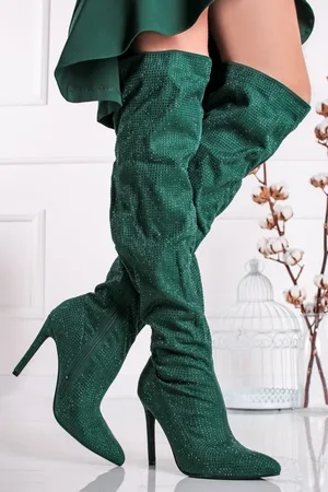 Ideal Tmavě zelené kozačky nad koleno na tenkém podpatku Shanice
