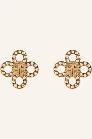 Tory Burch Puzetové Náušnice Small Kira Clover Pave Stud zlatá bílá