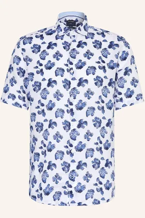 Olymp Košile S Krátkým Rukávem Casual Regular Fit Ze Lnu bílá tmavě modrá
