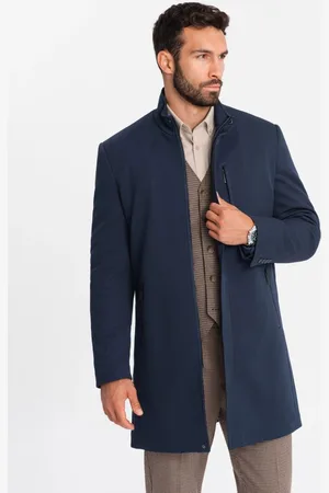 Ombre Clothing Moderní tmavě modrý kabát s vysokým límcem V2 COWC-0117