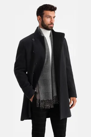 Ombre Clothing Moderní černý kabát s vysokým límcem V2 COWC-0120