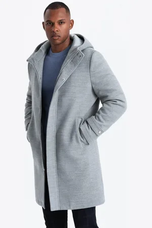 Ombre Clothing Šedý dlouhý kabát s kapucí V1 COWC-22FW-005
