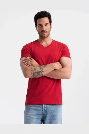 Ombre Clothing Bavlněné červené tričko s V-výstřihem V14-TSBS-0145