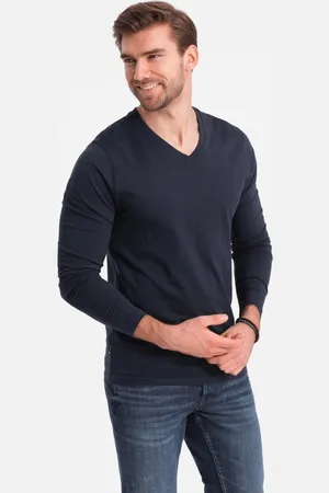 Ombre Clothing Tmavě modré tričko s dlouhým rukávem a výstřihem do V V5 LSBL-0108