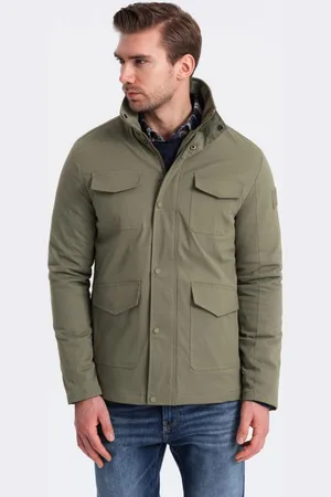 Ombre Clothing Pánská khaki bunda s vysokým límcem a kapsami V3 JALP-0167