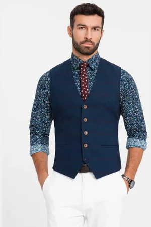 Ombre Clothing Elegantní tmavě modrá vesta v károvaném provedení V1 BLZV-0123