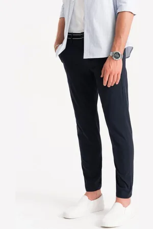 Ombre Clothing Tmavě modré chinos kalhoty s ozdobným pasem V2 PACP-0118