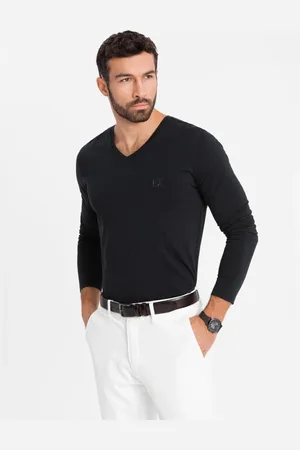 Ombre Clothing Trendy černé tričko s dlouhým rukávem s výstřihem do V a s logem V1 LSBC-0123