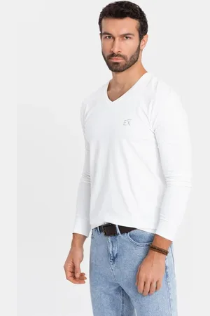 Ombre Clothing Trendy bílé tričko s dlouhým rukávem s výstřihem do V a s logem V2 LSBC-0123