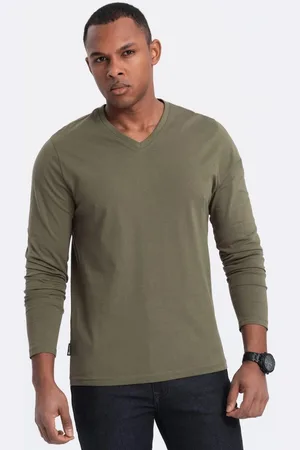 Ombre Clothing Olivové tričko s dlouhým rukávem a výstřihem do V V2 LSBL-0108