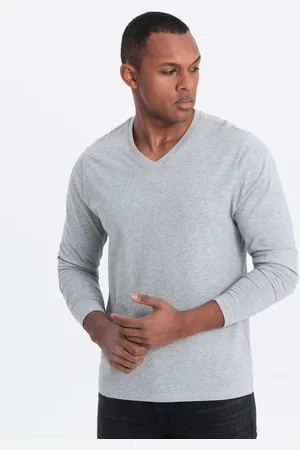 Ombre Clothing Šedé tričko s dlouhým rukávem a výstřihem do V V7 LSBL-0108