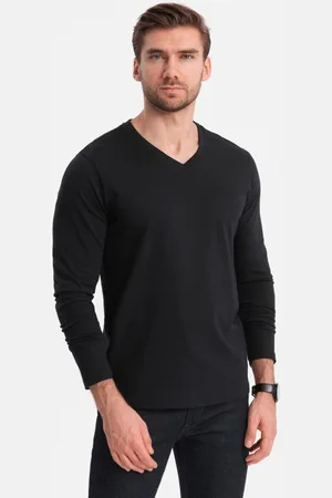 Ombre Clothing Černé tričko s dlouhým rukávem a výstřihem do V V6 LSBL-0108