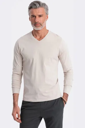 Ombre Clothing Béžové tričko s dlouhým rukávem a výstřihem do V V1 LSBL-0108