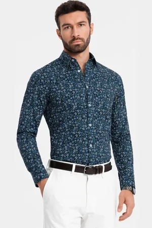 Ombre Clothing Zajímavá tmavě modrá košile s trendy vzorem V1 SHCS-0151