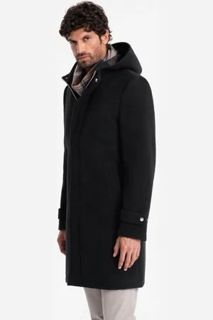 Ombre Clothing Černý dlouhý kabát s kapucí V3 COWC-22FW-005