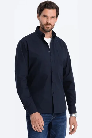 Ombre Clothing Elegantní tmavě modrá košile oxford V5 OM0108