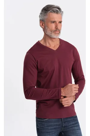 Ombre Clothing Bordó tričko s dlouhým rukávem a výstřihem do V V8 LSBL-0108