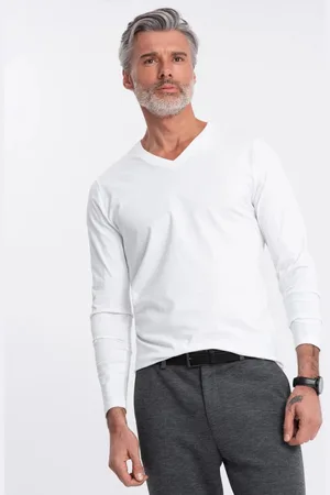 Ombre Clothing Bílé tričko s dlouhým rukávem a výstřihem do V V3 LSBL-0108