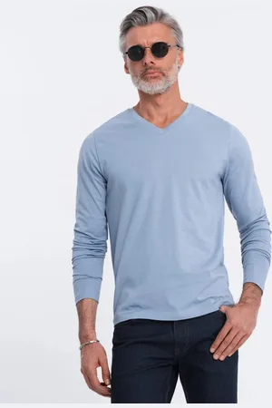 Ombre Clothing Modré tričko s dlouhým rukávem a výstřihem do V V9 LSBL-0108