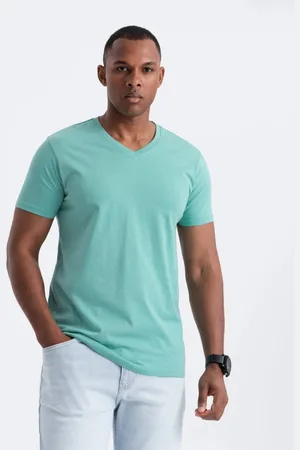 Ombre Clothing Bavlněné tyrkysové tričko s V-výstřihem V15-TSBS-0145