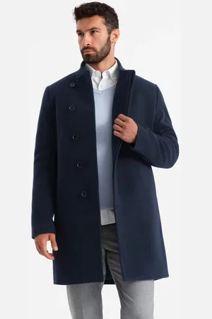 Ombre Clothing Moderní tmavě modrý kabát s vysokým límcem V3 COWC-0120