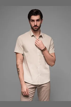Ombre Clothing Pánská béžová košile s krátkým rukávem V4 SHSS-0167
