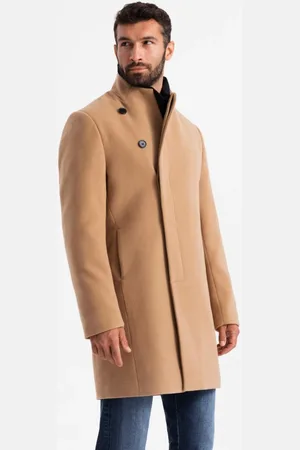 Ombre Clothing Moderní světle hnědý kabát s vysokým límcem V4 COWC-0120