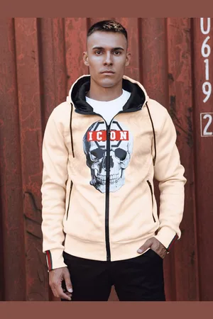 D-Street Originální béžová mikina na zip s potiskem ICON