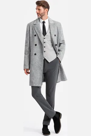 Ombre Clothing Elegantní pánský šedý dvouřadový kabát V1 COWC-0118