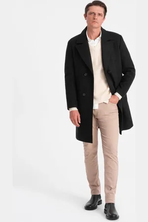Ombre Clothing Zateplený černý dvojřadý pánský kabát V4 OM-COWC-0107