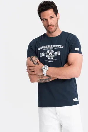 Ombre Clothing Zajímavé modré tričko s potiskem v3 om-tspt-0137