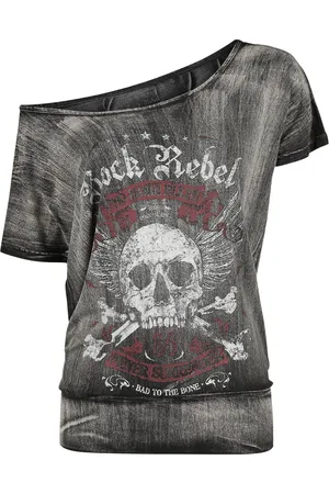 Rock Rebel Tričko Rock z Tmavě šedé tričko se širokým výstřihem a potiskem