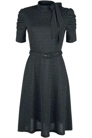 Voodoo Vixen Středně dlouhé šaty Rockabilly z Puntíkované šaty se zavazováním kolem krku Posie Black