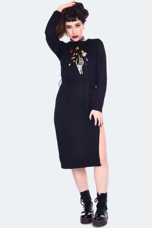 Jawbreaker Středně dlouhé šaty Gotika z Dead Flowers Embroidered Knitted Midi Dress