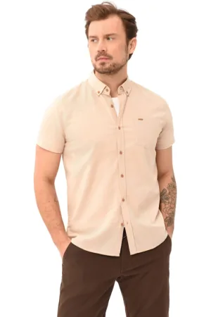 Volcano Pánská košile s krátkým rukávem LIN-102-BEIGE