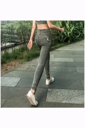 ASAMI Push up jeans legíny vysoký pas světle šedé 48