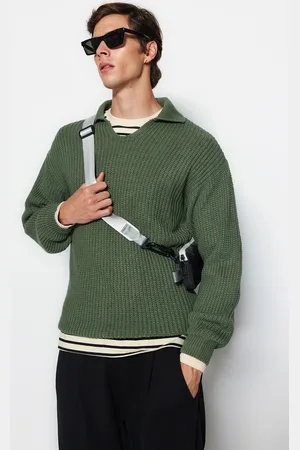 Trendyol Green Casual Unisex Regular Fit Polo Collar Non-Pilling Knitwear Sweater