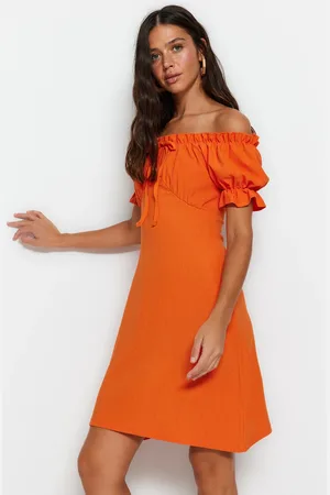 Trendyol Orange Square Neck Sleeves Ruffled Twist A-line Mini Knitted Dress