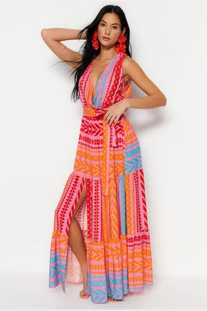 Trendyol Geometric Patterned Belted Maxi Weave Ruffled Beach Dress