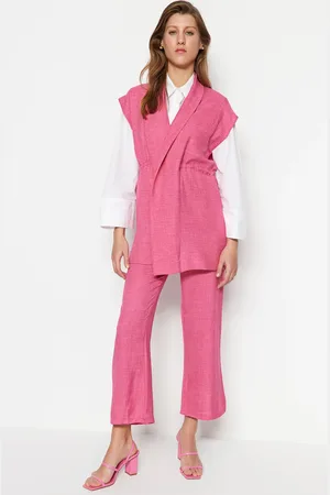 Trendyol Fuchsiový Uvázaný Uvnitř Povlečený Kimono-Kalhotový Tkaný Oblek