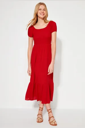 Trendyol Red Carmen Collar A-Line Maxi pletené šaty