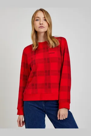 Calvin Klein Červená dámská kostkovaná mikina Jeans Holiday - Dámské