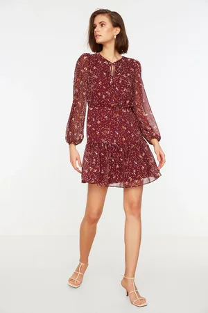 Trendyol Burgundy Woven Lined Chiffon Floral Pattern Foulard Collar Mini Woven Dress
