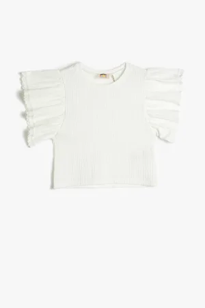 Koton Flounce T-Shirt Crew Neck Embroidered Detail Short Sleeve