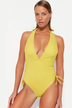 Trendyol Oil Green Deep-Decollete Pleated High Leg Swimsuit