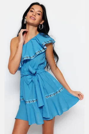 Trendyol Blue Belted Mini Weave Stripe Accessoried One-Shoulder 100% Cotton Beach Dress