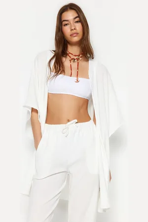 Trendyol Ecru tkaný kimono kalhotový oblek